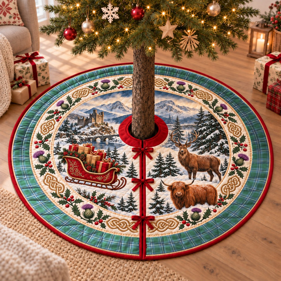 Irvine tartan Christmas tree skirt with a Scottish Highland scene, stag, Highland cow and thistles under a Christmas tree