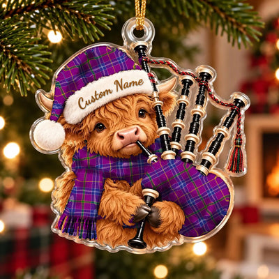 Clan Jackson Tartan Piper Highland Cow Ornament with Custom Name