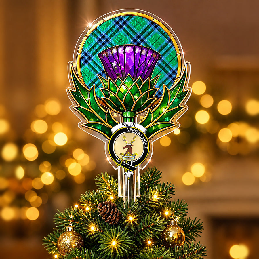 Clan Keith crest in the centre of a stained-glass style thistle Christmas tree topper with the Keith Ancient tartan behind the thistle
