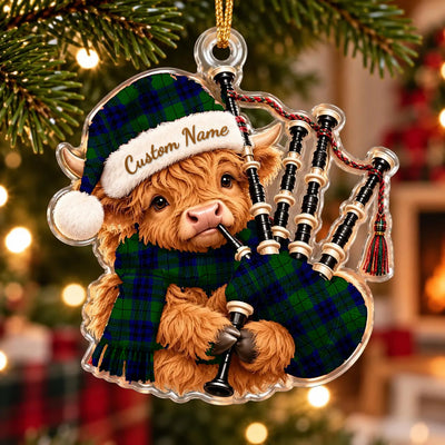 Clan Keith Modern Tartan Piper Highland Cow Ornament with Custom Name