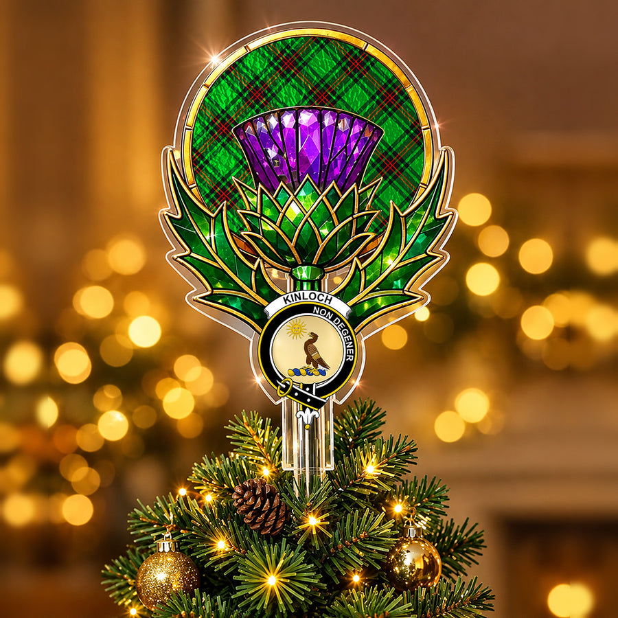 Clan Kinloch crest in the centre of a stained-glass style thistle Christmas tree topper with the Kinloch tartan behind the thistle