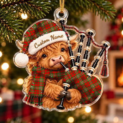 Clan Langlands Tartan Piper Highland Cow Ornament with Custom Name