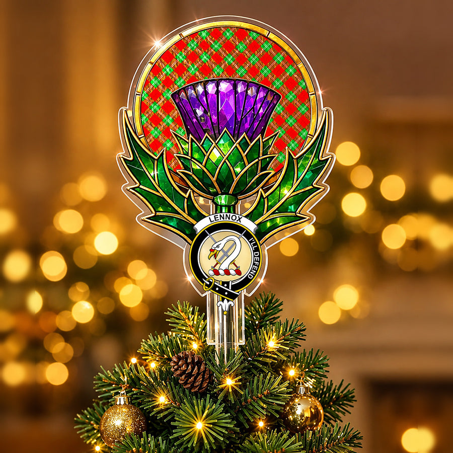 Clan Lennox crest in the centre of a stained-glass style thistle Christmas tree topper with the Lennox tartan behind the thistle