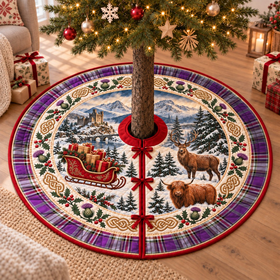 Lockwood tartan Christmas tree skirt with a Scottish Highland scene, stag, Highland cow and thistles under a Christmas tree