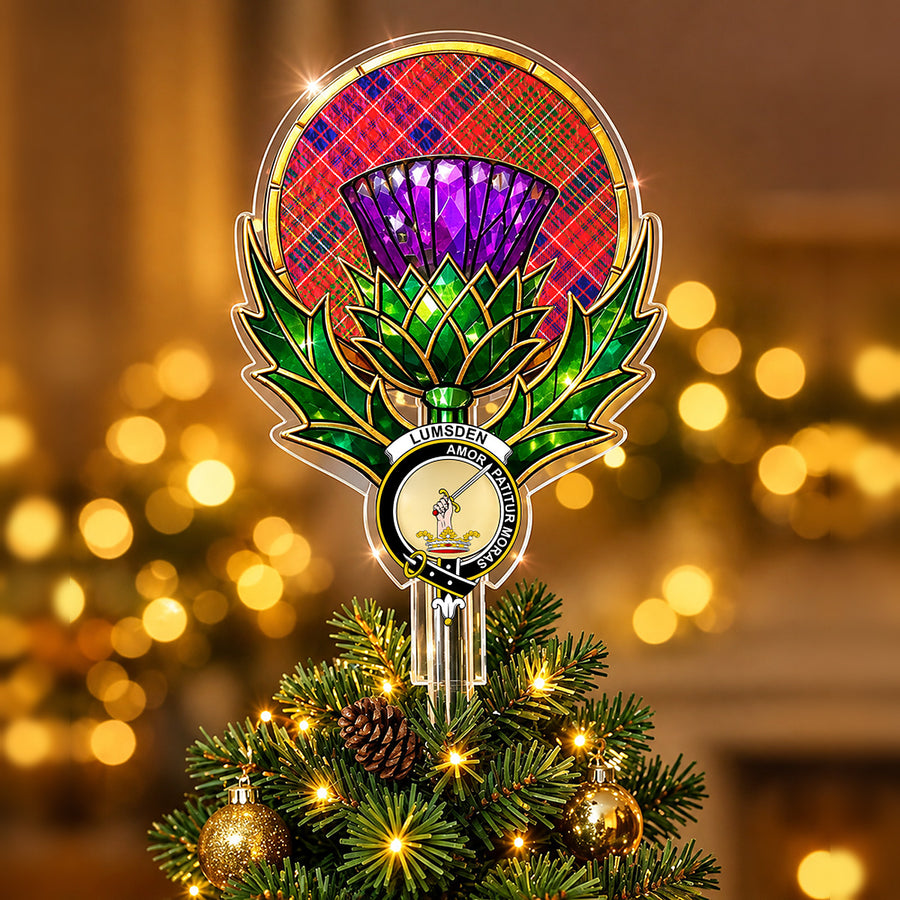 Clan Lumsden crest in the centre of a stained-glass style thistle Christmas tree topper with the Lumsden Modern tartan behind the thistle