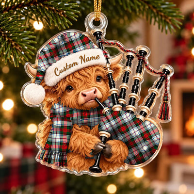 Clan MacDuff Dress Modern Tartan Piper Highland Cow Ornament with Custom Name