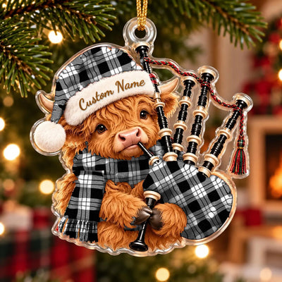 Clan MacFarlane Black & White Tartan Piper Highland Cow Ornament with Custom Name