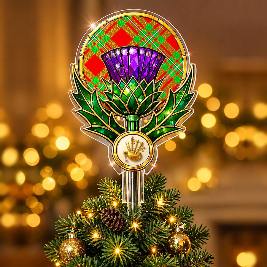 Stained-glass style thistle Christmas tree topper with a gold bagpipe emblem and the MacGregor Modern tartan behind the thistle