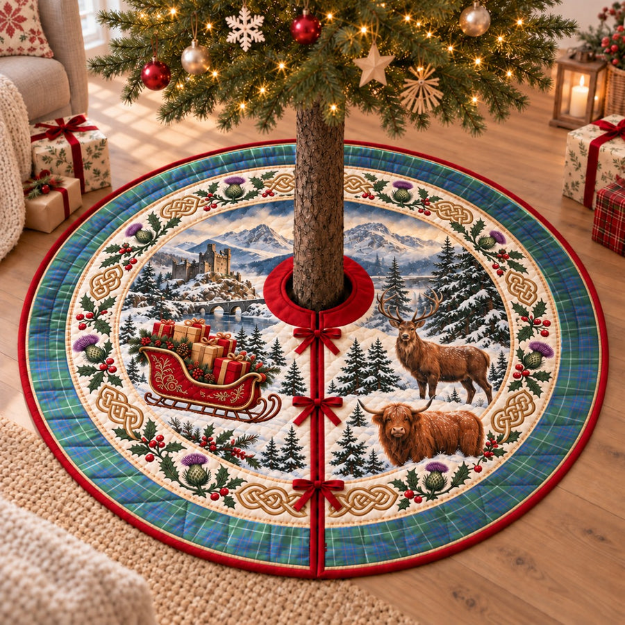 MacIntyre Hunting Ancient tartan Christmas tree skirt with a Scottish Highland scene, stag, Highland cow and thistles under a Christmas tree
