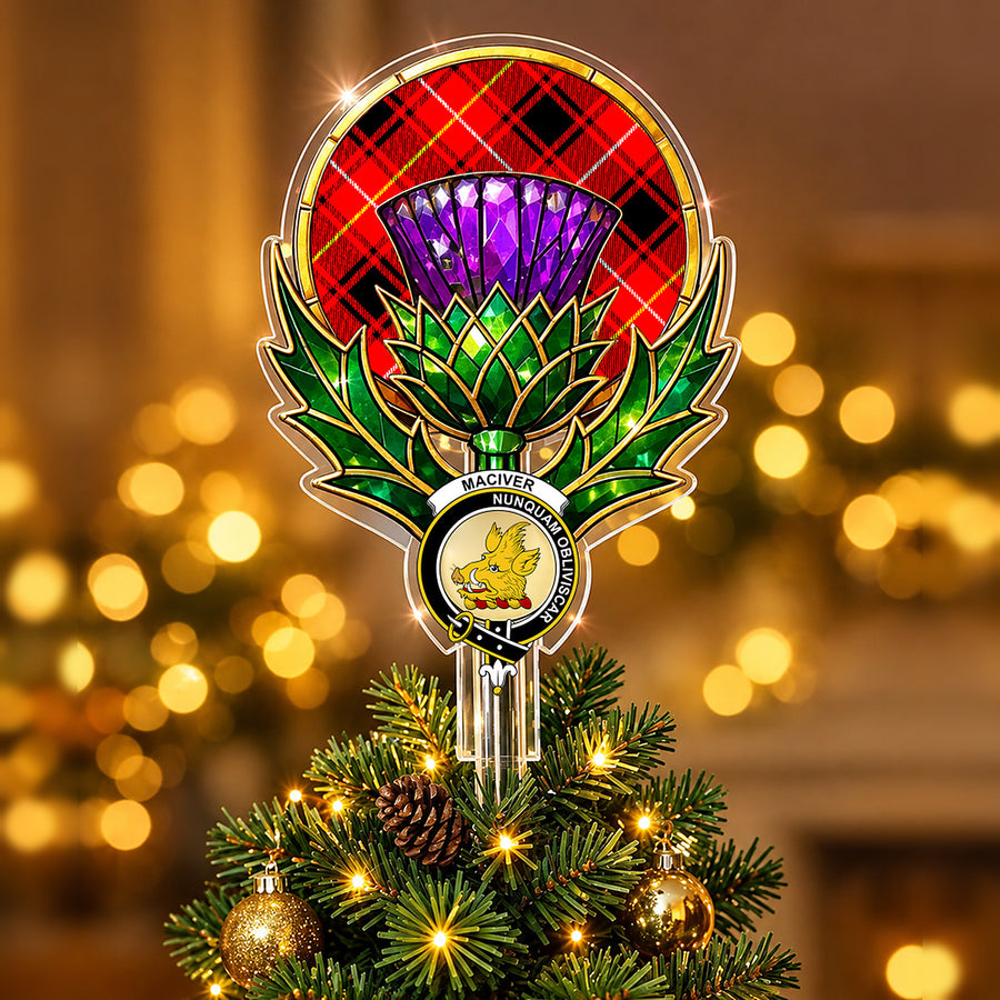 Clan MacIver crest in the centre of a stained-glass style thistle Christmas tree topper with the MacIver Modern tartan behind the thistle