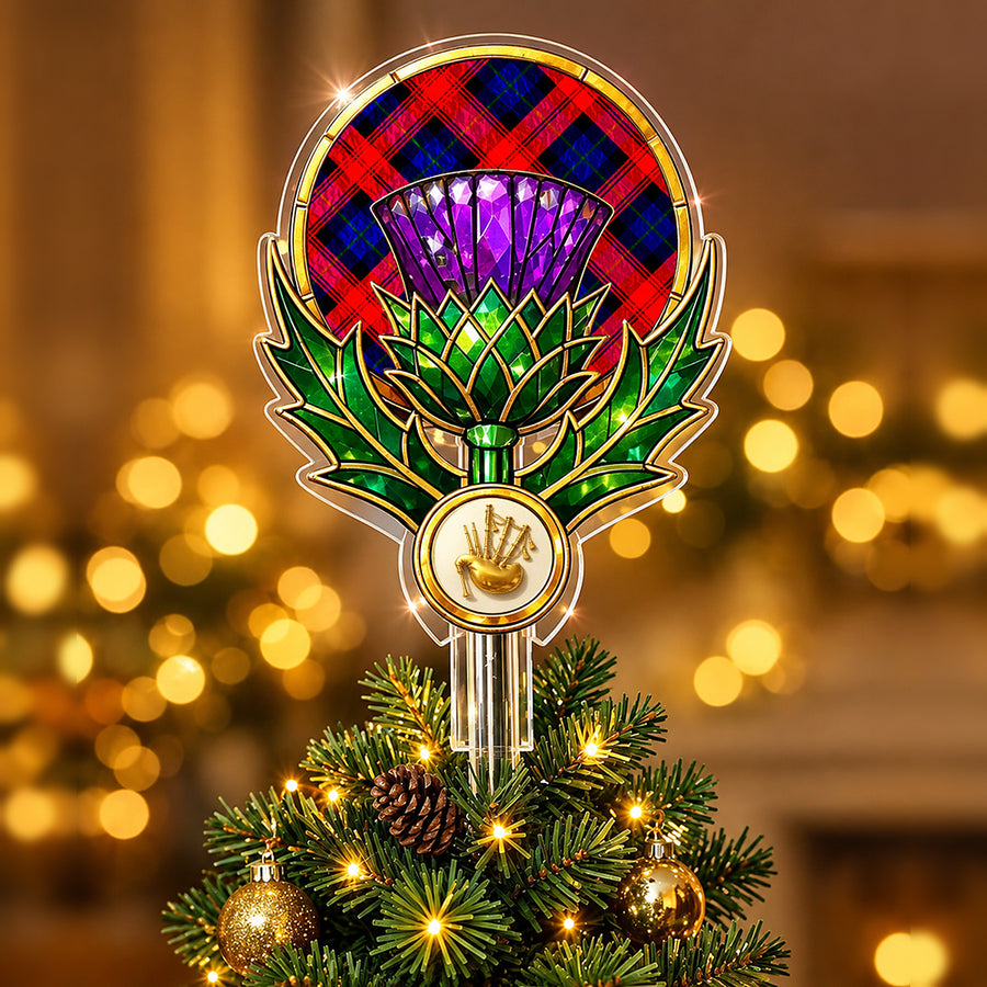 Stained-glass style thistle Christmas tree topper with a gold bagpipe emblem and the MacLachlan Modern tartan behind the thistle