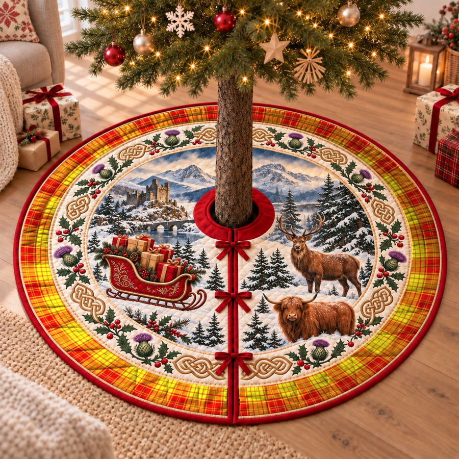 MacMillan tartan Christmas tree skirt with a Scottish Highland scene, stag, Highland cow and thistles under a Christmas tree