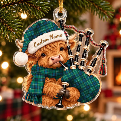 Clan MacNeill of Colonsay Ancient Tartan Piper Highland Cow Ornament with Custom Name