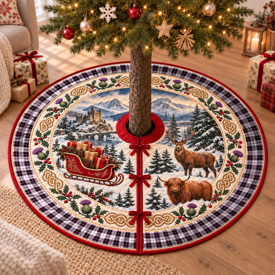 MacPherson Hunting Modern tartan Christmas tree skirt with a Scottish Highland scene, stag, Highland cow and thistles under a Christmas tree