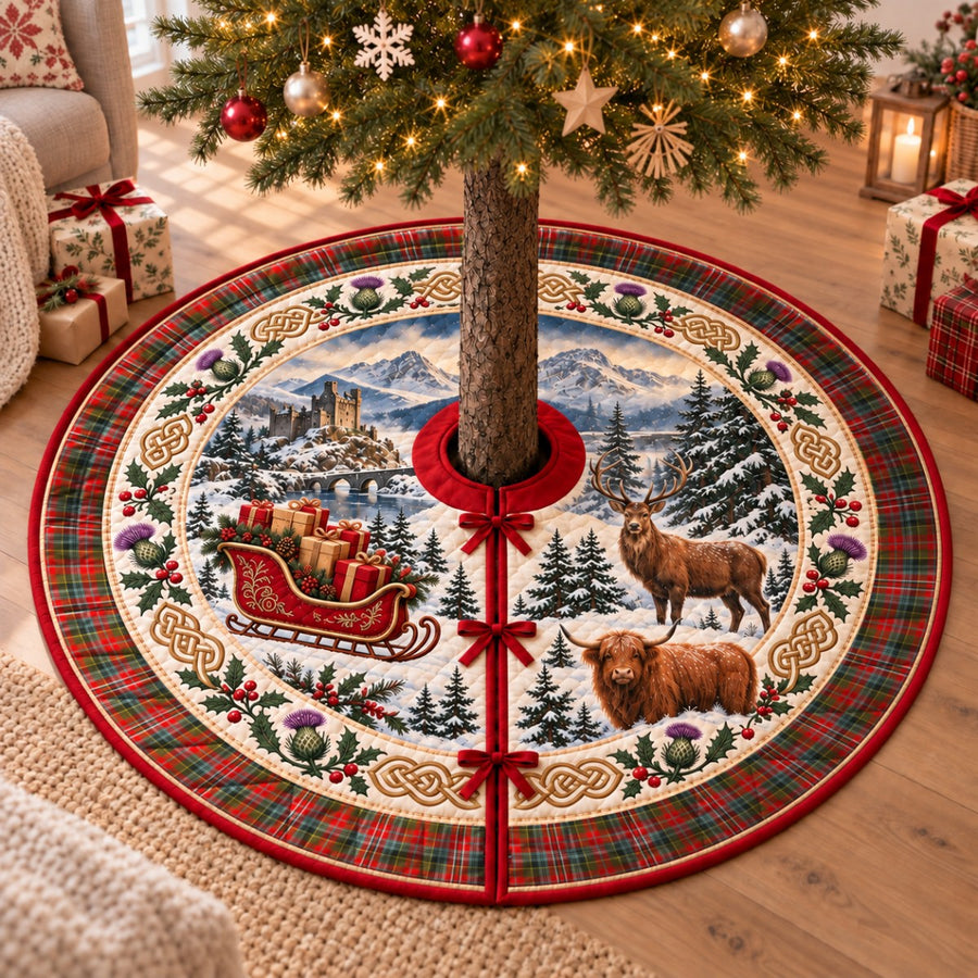 MacPherson Weathered tartan Christmas tree skirt with a Scottish Highland scene, stag, Highland cow and thistles under a Christmas tree