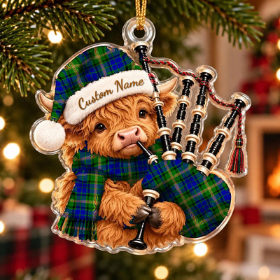 Clan Maitland Tartan Piper Highland Cow Ornament with Custom Name