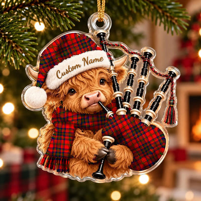 Clan Matheson Modern Tartan Piper Highland Cow Ornament with Custom Name