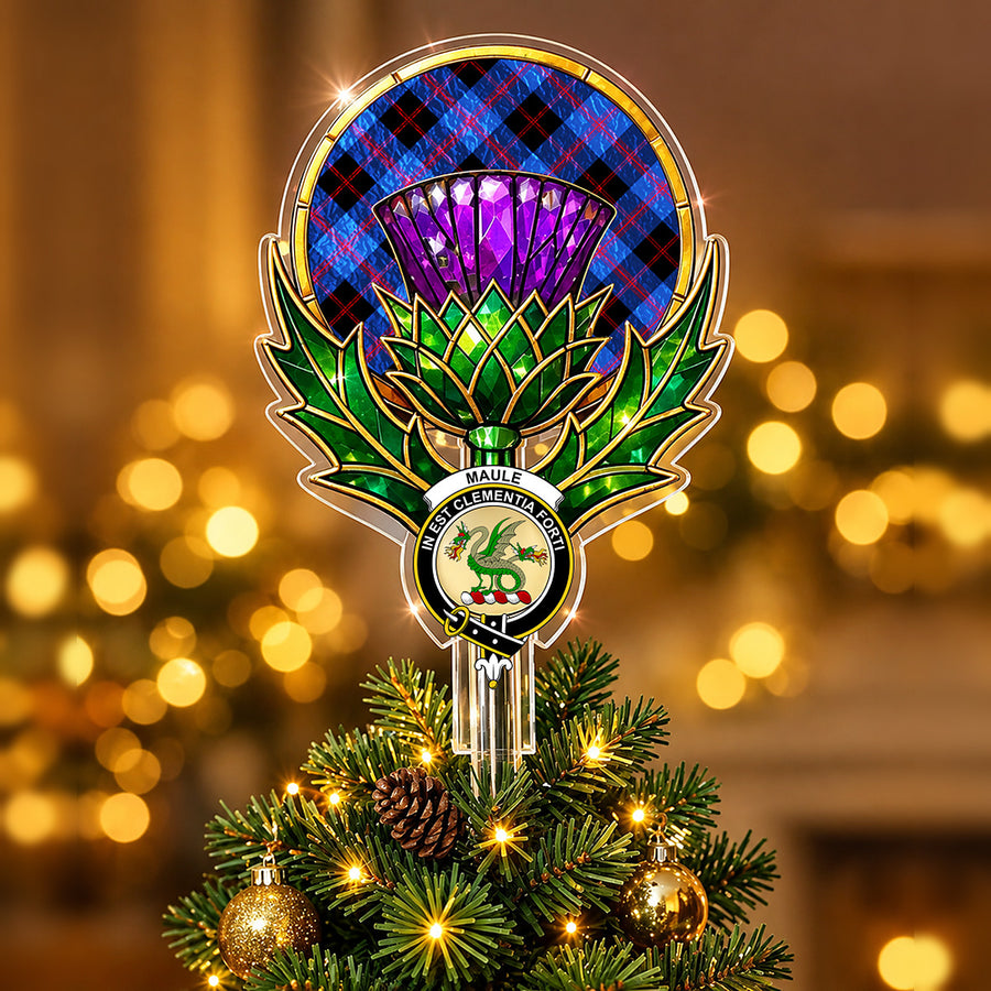 Clan Maule crest in the centre of a stained-glass style thistle Christmas tree topper with the Maule tartan behind the thistle
