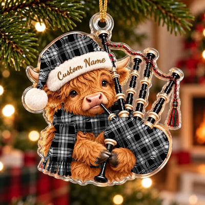 Clan Menzies Black _ White Modern Tartan Piper Highland Cow Ornament with Custom Name