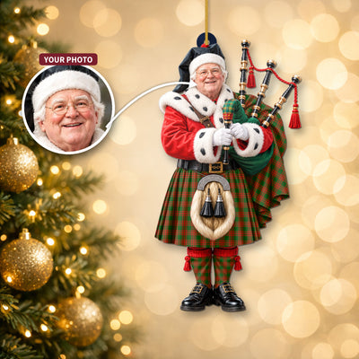 Clan Menzies Green Modern Tartan Christmas Piper Ornament with Custom Photo