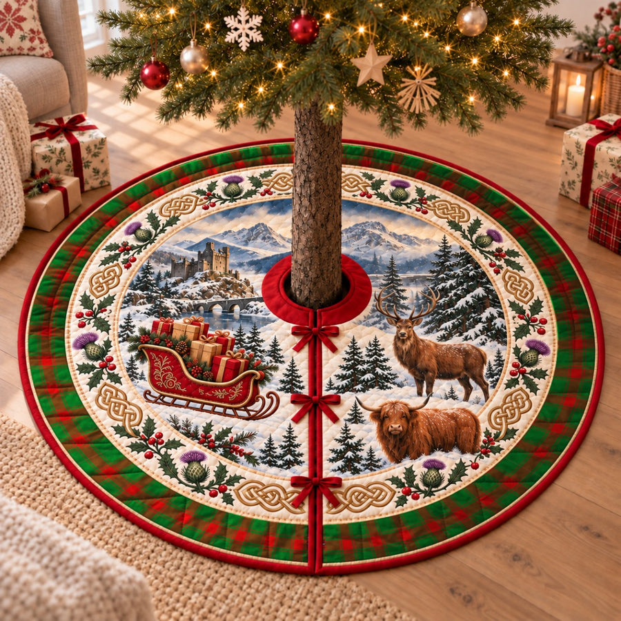 Middleton Modern tartan Christmas tree skirt with a Scottish Highland scene, stag, Highland cow and thistles under a Christmas tree
