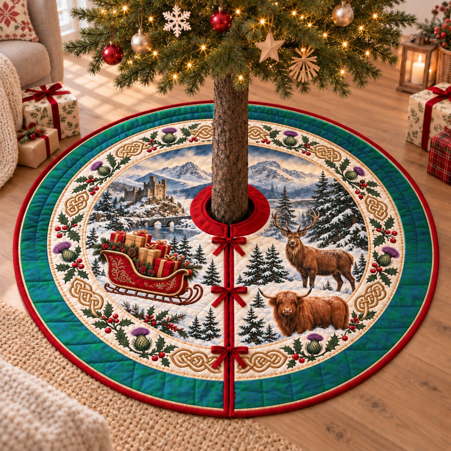 Montgomery Ancient tartan Christmas tree skirt with a Scottish Highland scene, stag, Highland cow and thistles under a Christmas tree