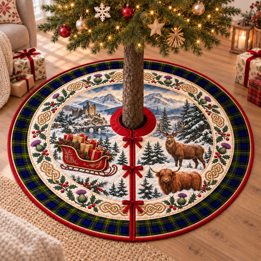 Muir tartan Christmas tree skirt with a Scottish Highland scene, stag, Highland cow and thistles under a Christmas tree