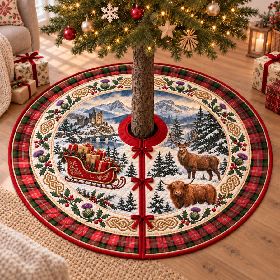 Nesbitt Modern tartan Christmas tree skirt with a Scottish Highland scene, stag, Highland cow and thistles under a Christmas tree