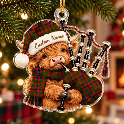 Clan Nithsdale District Tartan Piper Highland Cow Ornament with Custom Name