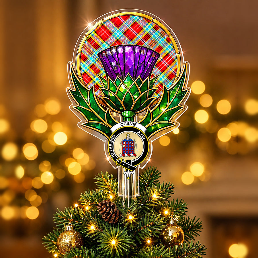 Clan Ogilvie crest in the centre of a stained-glass style thistle Christmas tree topper with the Ogilvie tartan behind the thistle