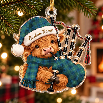 Clan Oliphant Ancient Tartan Piper Highland Cow Ornament with Custom Name