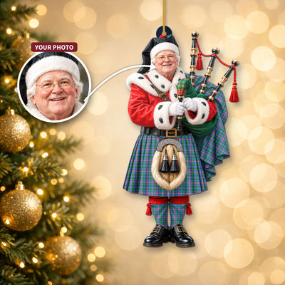 Clan Pitcairn Hunting Tartan Christmas Piper Ornament with Custom Photo