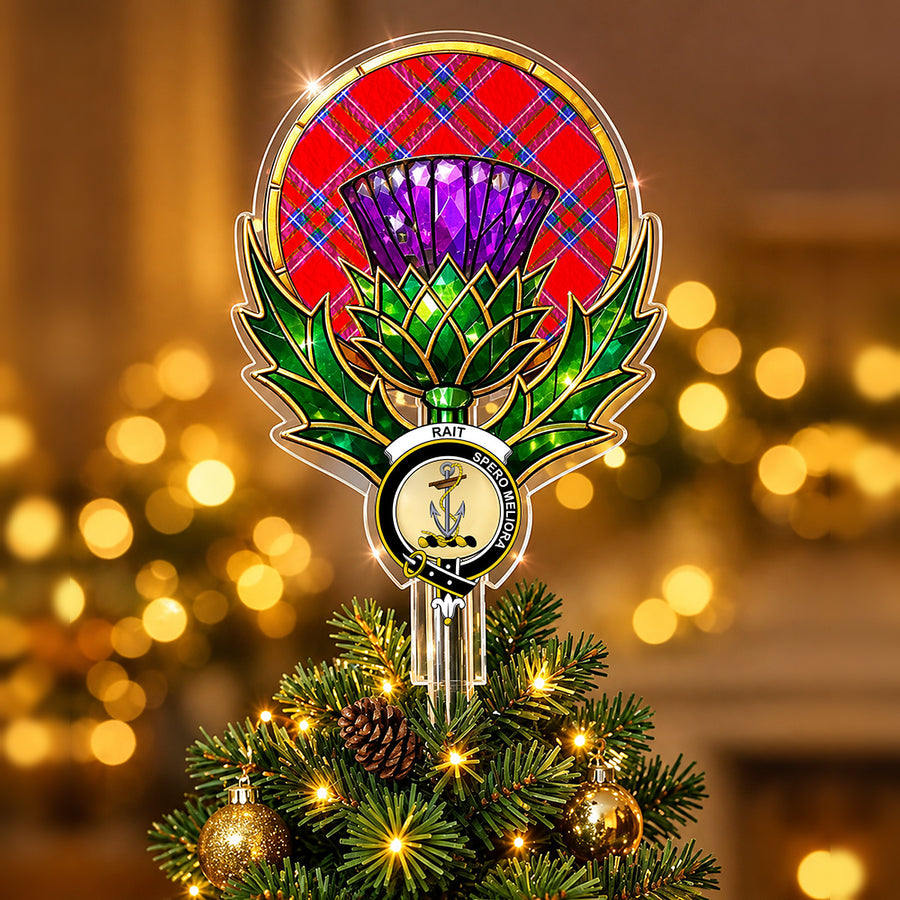 Clan Rait crest in the centre of a stained-glass style thistle Christmas tree topper with the Rait Inverness tartan behind the thistle