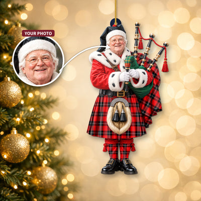 Clan Ramsay Modern Tartan Christmas Piper Ornament with Custom Photo