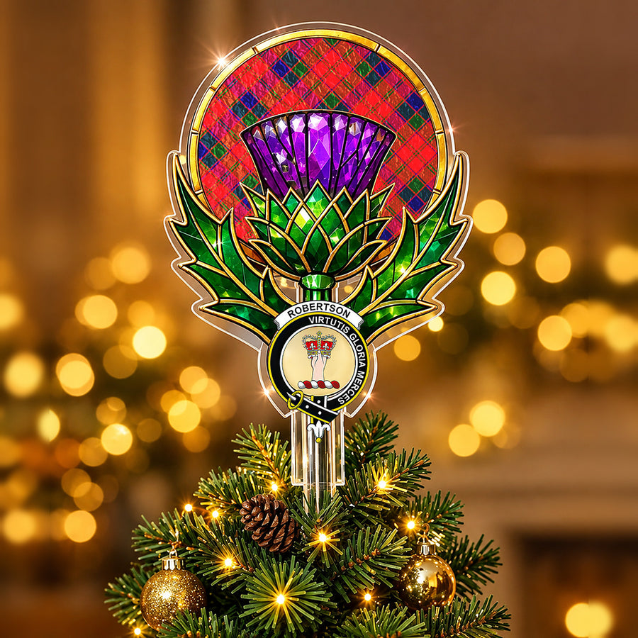 Clan Robertson crest in the centre of a stained-glass style thistle Christmas tree topper with the Robertson Modern tartan behind the thistle