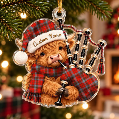 Clan Robertson Weathered Tartan Piper Highland Cow Ornament with Custom Name
