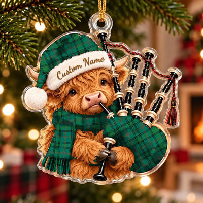 Clan Ross Hunting Ancient Tartan Piper Highland Cow Ornament with Custom Name