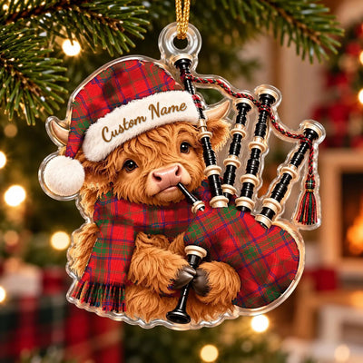 Clan Ross Modern Tartan Piper Highland Cow Ornament with Custom Name