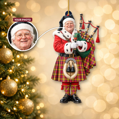 Clan Scrymgeour Tartan Christmas Piper Ornament with Custom Photo