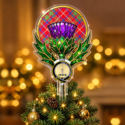 Clan Shaw Red Modern Tartan Thistle Christmas Tree Topper