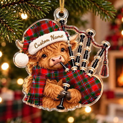 Clan Spens Modern Tartan Piper Highland Cow Ornament with Custom Name