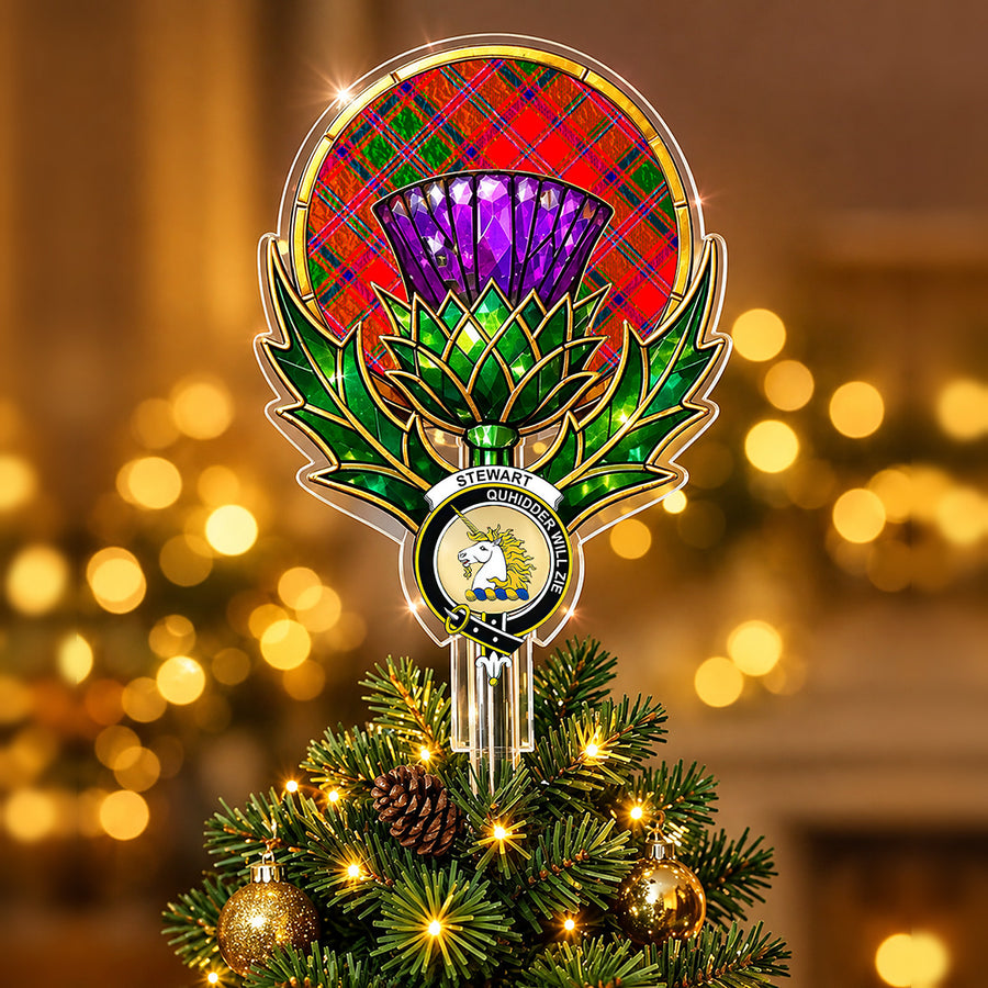 Clan Stewart crest in the centre of a stained-glass style thistle Christmas tree topper with the Stewart of Appin Modern tartan behind the thistle