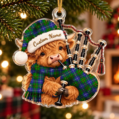 Clan Turnbull Hunting Tartan Piper Highland Cow Ornament with Custom Name