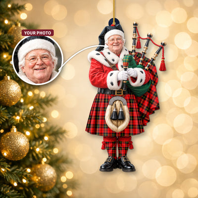 Clan Wallace Hunting Red Tartan Christmas Piper Ornament with Custom Photo