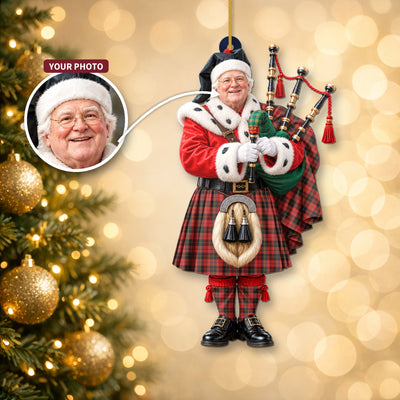 Clan Wallace Weathered Tartan Christmas Piper Ornament with Custom Photo