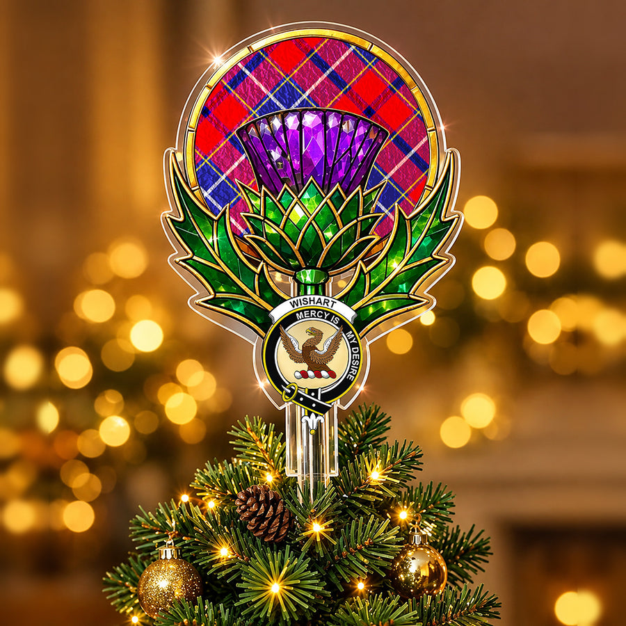 Clan Wishart crest in the centre of a stained-glass style thistle Christmas tree topper with the Wishart Dress tartan behind the thistle