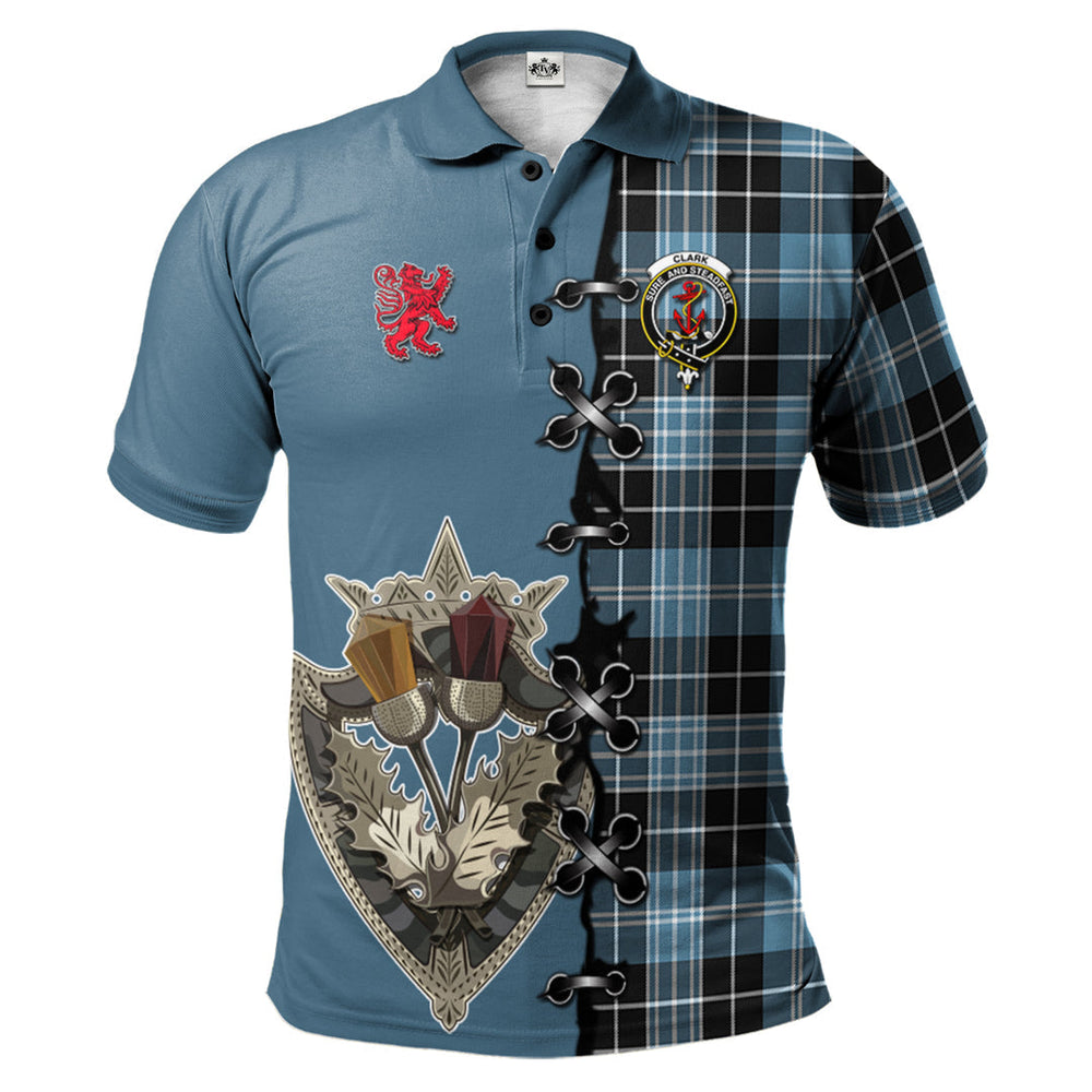 Clan Clark Ancient Tartan Polo Shirt - Lion Rampant And Celtic Thistle Style RR39 Clark Ancient Tartan Tartan Polo