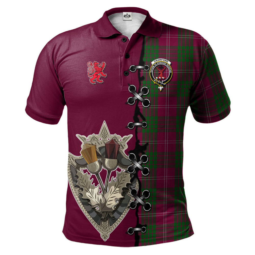Clan Crawford Tartan Polo Shirt - Lion Rampant And Celtic Thistle Style FM64 Crawford Tartan Tartan Polo