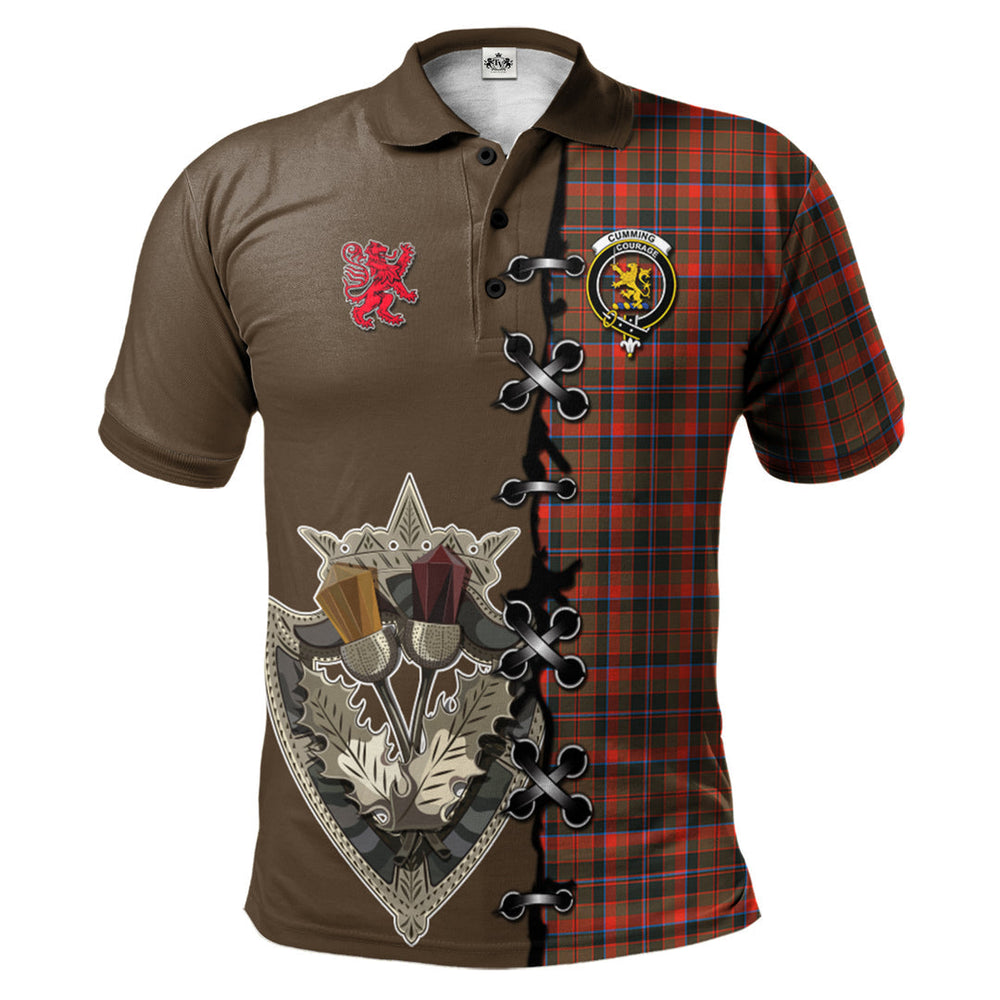 Clan Cumming Hunting Weathered Tartan Polo Shirt - Lion Rampant And Celtic Thistle Style HA21 Cumming Hunting Weathered Tartan Tartan Polo