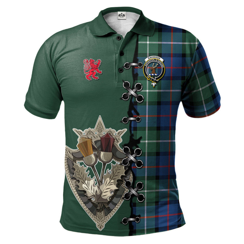 Clan Davidson of Tulloch Tartan Polo Shirt - Lion Rampant And Celtic Thistle Style VI91 Davidson of Tulloch Tartan Tartan Polo